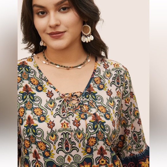 BloomChic Plus Size Boho Print Lace Up Bell Sleeve Blouse - Picture 3 of 8